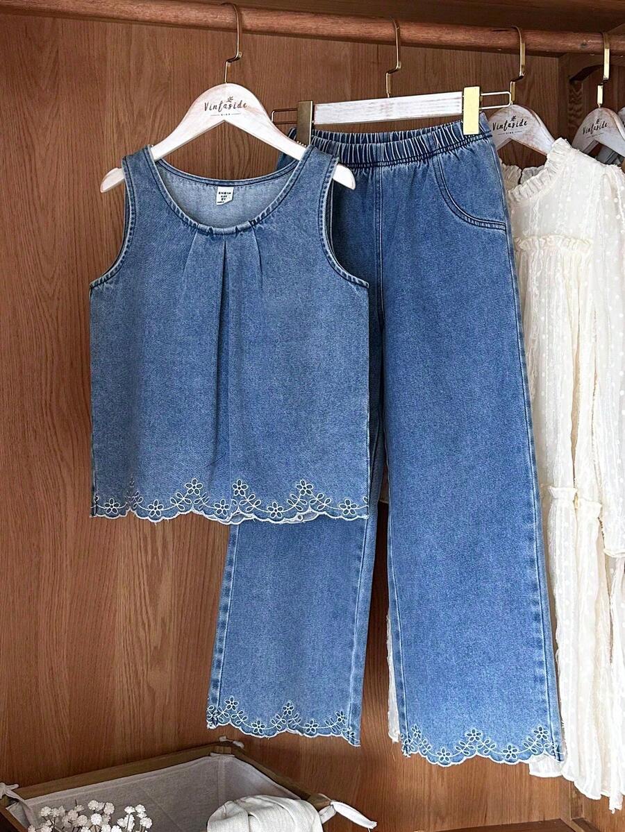 Vintaside Kids Girls Sleeveless Denim Style Round Neck Tank Top And Pants 2-Piece Set, Slim Fit, Suitable For Outings, School, Gatherings, Parties, And Casual Daily Wear - Blue - View 1
