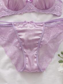 DelicateAllure Lavender Butterfly Jacquard Lace Patchwork Satin Bow Decor Sexy Hollow Multi-Strap Lingerie Set - Mauve Purple - View 3