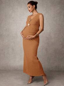MaterniChic Maternity Elegant Metal Shell Decor Camisole And Skirt 2 Pieces Set, Summer - Orange - View 6