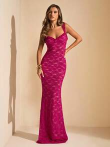 SHEIN BAE Đầm hai dây màu hồng ren và họa tiết hoa nhí, dáng ôm sát, đầm ren đen mùa xuân/hè, đầm ren thanh lịch, thích hợp cho các bữa tiệc và tụ họp. - Hồng - Xem 6