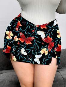 Flirla Plus Size V-Waist Front Slit Butterfly Print Culottes For Women - Multicolor - View 7