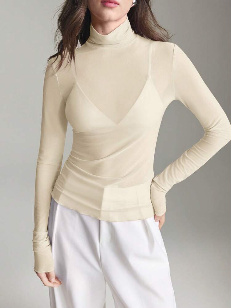 2026SS Stockholm Style, Women's Teacher Outfit, Women's Clothing, High Collar Turtleneck Knit Top, Elegant Summer Blouse, Mesh Long Sleeve Shirt, Business Casual Women's Basic Top, Women's Holiday, Beach, Vacation, Office Outfit