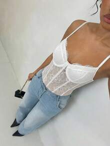 Glamine 女士时尚性感撞色蕾丝连体衣，夏季 - 白色 - 查看 4