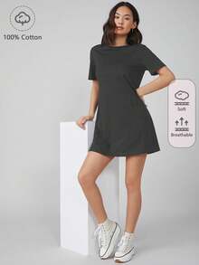 SHEIN BASICS Casual Solid Color Short Sleeve Dress, Summer Basic Tees Women, T Shirt Dress Summer Dresses - Dark Grey - View 9