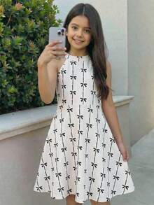 Firerie Kids Đầm chữ A cổ buộc dây in hình bướm, kiểu dáng thường ngày cho bé gái tuổi teen, màu kaki. - Màu Khaki - Xem 6