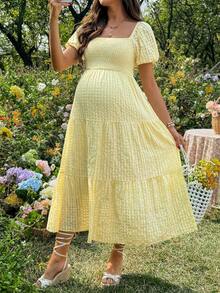 SHEIN Maternity Solid Color Square Neck Petal Sleeve Ruffle Hem Pleated Dress - Yellow - View 4