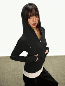 Rina Fox 女士休闲铆钉设计拉链卫衣 - 黑色 - 查看 4