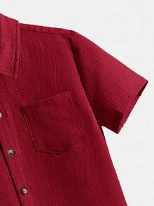 SHEIN Teen Boy Casual Solid Color Turndown Collar Short Sleeve Shirt Summer Y2k Vacation Goth Gothic Streetwear Sumwon Burgundy Holiday Vintage Boho Festival Mardi Gras Party Cute Birthday Boys Modest Home Casual Cozy - Red - View 5