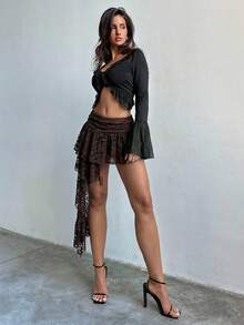 Aloruh Women's Asymmetrical Hem Ruffled Hem Bohemian White Lace Dress, Spring/Summer - Coffee Brown - View 7