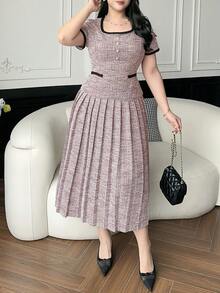 Dazy Plus Plus Size Elegant Faux Pearl Trim Short Sleeve Dress, Summer Sun Dresses For Women - Pink - View 7