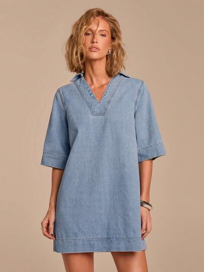 COSMINA Robe en jean décontractée ample à manches 3/4 et col châle pour femmes, robe en jean élégante pour le travail, robe en jean bleu clair