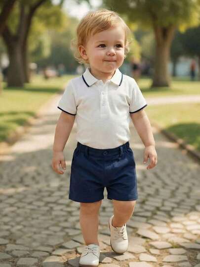 Souflis Souflis 2pcs/Set Newborn Baby Boy White Short Sleeve Lapel Bodysuit Paired With Navy Blue Casual Shorts, Suitable For Home, Play And More Occasions Baby Boy Casual Short Sleeve Baby Boys Summer Outfit Preppy Baby Boy Clothes Navy Blue Baby Boy Outfit