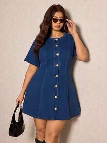 Elaquor Đầm denim dáng rộng tay ngắn cổ tròn cài một hàng khuy dành cho nữ cỡ lớn - Rửa trung bình - Xem 2