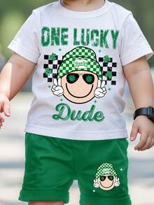 SHEIN GraphicGems Spring And Summer Toddler Boys Casual Fashion Creative Personalized Fresh Cute Kawaii Cartoon Face Green Plaid Hat, Clover, Star, Four-Leaf Clover Pattern Letter Slogan Print Casual Basic Short T-Shirt And Shorts Set, Comfortable Daily Wear Cozy Summer Styles Suitable For Spring And Summer Baby Boy Outfits - Multicolor - View 3