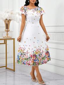 SHEIN Lady Petite Elegantes weißes Blumen Sommerkleid für Frauen, kurzes Trompetenärmel Rundhals Rüschen Midi-Länge Sommerkleid, Brunch Strand Resort Kleidung Hochzeitsgast Party, zierliche Frauen - Verschiedenfarbig - Übersicht 5