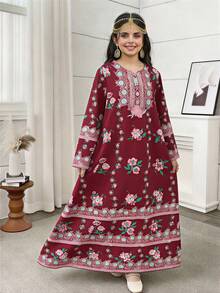 Tween Girl Flare Sleeve Long Sleeve Dress, Round Neck Long Digital Floral Print Woven Dress, Fashionable Retro Party Holiday - Black - View 4