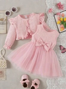 SHEIN 两件套女婴甜美公主裙套装，粉色荷叶边袖外套+无袖连衣裙，松紧腰蝴蝶结设计，时尚百搭，适合日常穿着 - 粉色 - 查看 13