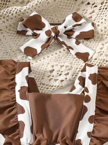 SHEIN Cute Baby Girls Brown Cow Print A Line Short Dress With Ruffle Sleeveless Square Neck Flared Hem Ruffle Details - Brown - View 4
