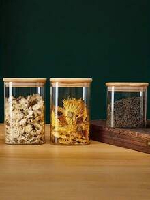 10个方形高硼硅玻璃密封罐，糖/饼干/食品/香料储存罐，带竹盖 - 10盎司透明玻璃散装食品罐，适用于茶叶、咖啡豆、香料、谷物、燕麦，厨房装饰，节日/婚礼礼物 - 白色 - 查看 4