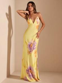 SHEIN BAE 黄色碎花深V领露背修身连衣裙，优雅美人鱼廓形度假沙滩裙，夏季连衣裙，黄色碎花连衣裙 - 淡黃色 - 查看 5