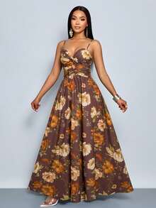 SOLERSUN Women's Tropical Print Deep V Twist Front Spaghetti Strap Maxi Dress, Suitable For Summer Vacation, Beach Getaways, Cafe Hopping, Weekend Dates, Girls' Brunch - Brown - View 3