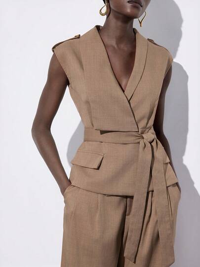 Aveloria Modichic Nuevo conjunto de mujer de estilo elegante francés con top de manga corta con lazo en la cintura y cuello de solapa asimétrico + pantalones rectos de tiro alto de pierna ancha, un conjunto versátil y de moda