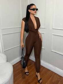 SHEIN SXY 女士性感黑色露背深V领连体裤 - 棕色 - 查看 4