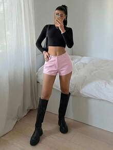 SHEIN EZwear 纯色PU皮革低腰短裤，带腰带环，时尚百搭，夏季必备 - 淺粉色 - 查看 5