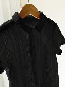 SHEIN Leap Crew 1pc Young Boys Loose Casual Turndown Collar Jacquard Short Sleeve Shirt - Black - View 3