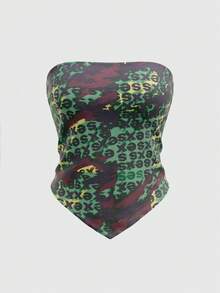 Rina Fox Women's New Sexy Bombshell Print Bandeau Top, American Casual Street Print Versatile Scarf Top, Suitable For Shopping, Parties, Music Festivals, And Vacation Wear - Green - View 3