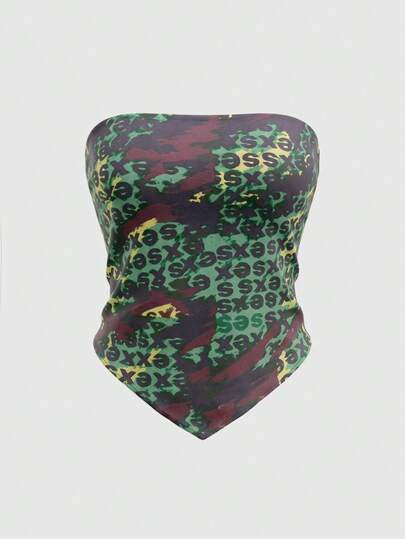 Rina Fox Top bandeau imprimé sexy et bombshell pour femmes, Top foulard imprimé décontracté américain polyvalent, convient pour le shopping, les fêtes, les festivals de musique et les vacances