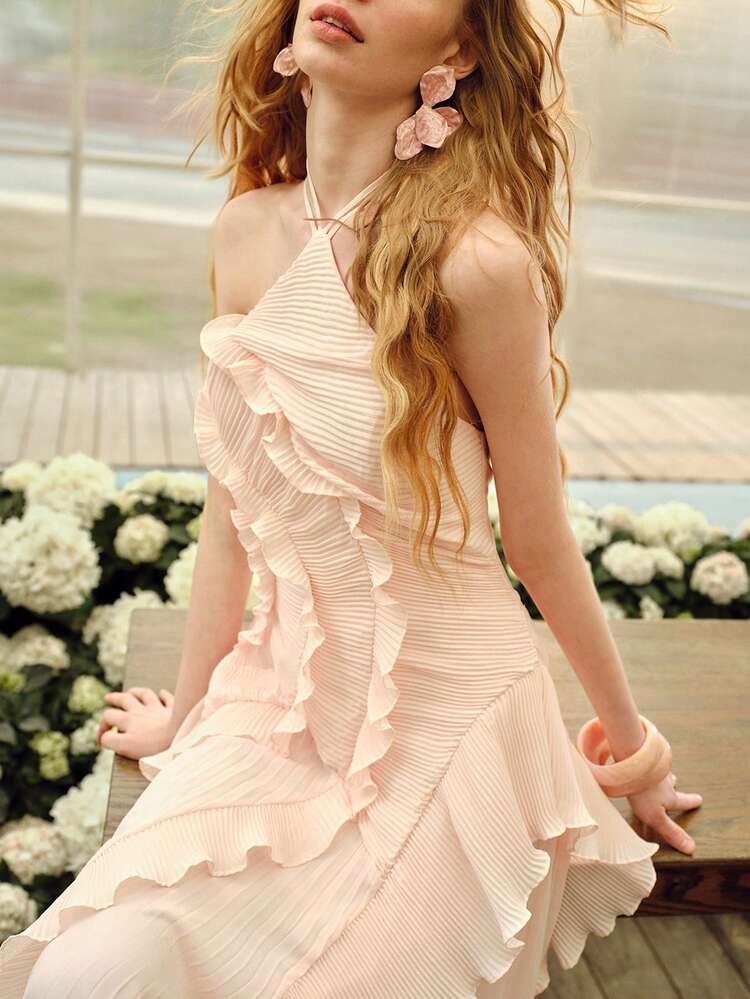 RUFFLED TRIM PLEATED TIE HALTER NECK COCKTAIL DRESS, SPRING/SUMMER