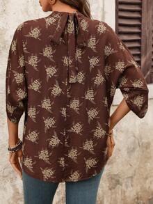 EMERY ROSE 优雅印花全幅蝴蝶结短袖宽松休闲女衬衫 - 棕色 - 查看 3