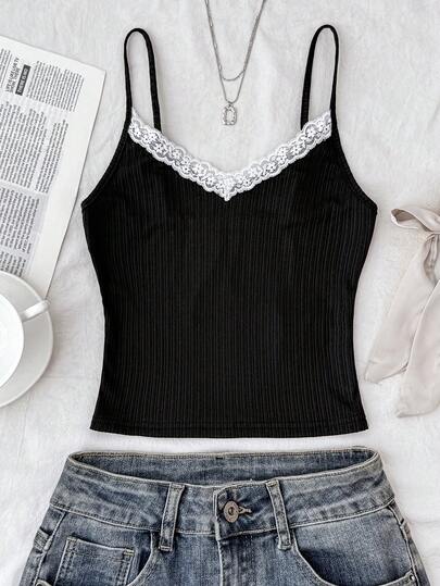 SHEIN 少女蕾丝芭蕾舞风格吊带背心，黑白配色，少女蕾丝吊带背心，少女上衣，少女文胸，少女衬衫，可爱吊带背心，可爱上衣