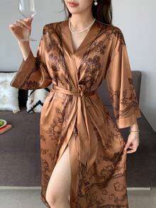 DAZY Áo choàng nữ kiểu dáng thường ngày, in họa tiết, thắt eo. - Màu be - Xem 1