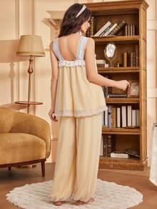 SHEIN 2pcs Lace & Mesh Patchwork Camisole Pajama Set, Summer - Yellow - View 3