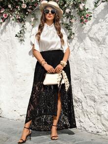 Miaspire Plus Size Women's Summer Casual Vacation Elegant Floral Lace Slit Solid Color Black Long Skirt, Summer Holiday,Spring Break, Vacation Women, Holiday For Women,Going Out,2026 New,Simple And Fashionable For Everyday Wear,Suitable For Summer, Vacation, Commute, Daily Wear,Black Skirt,Beach For Women - Black - View 6