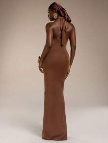 Normani 女士时尚性感露背吊带紧身连衣裙 - 棕色 - 查看 2