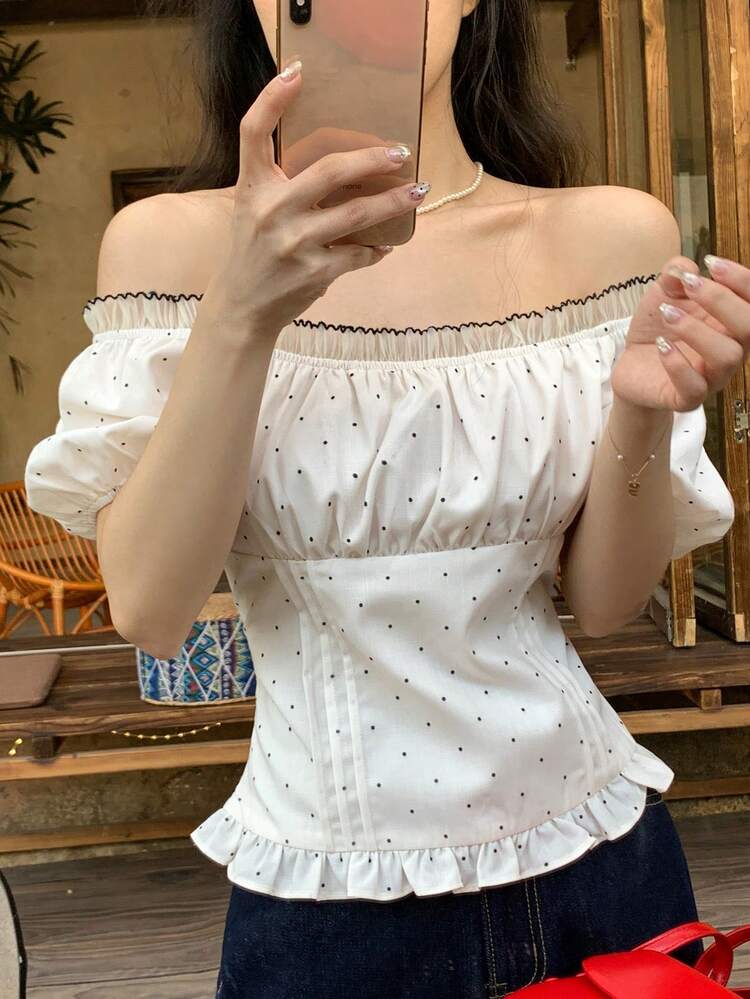 Women's Colorblock Polka Dot Print Square Neck Short Sleeve Blouse Summer Babydoll Top