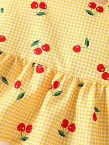 SHEIN Vintaside Kids 2pcs/Set Baby Girl Spring&Summer Vacotion Style Cherry&Plaid Printing Slip Top&Short Pants Cherry Toddler Set - Yellow - View 6