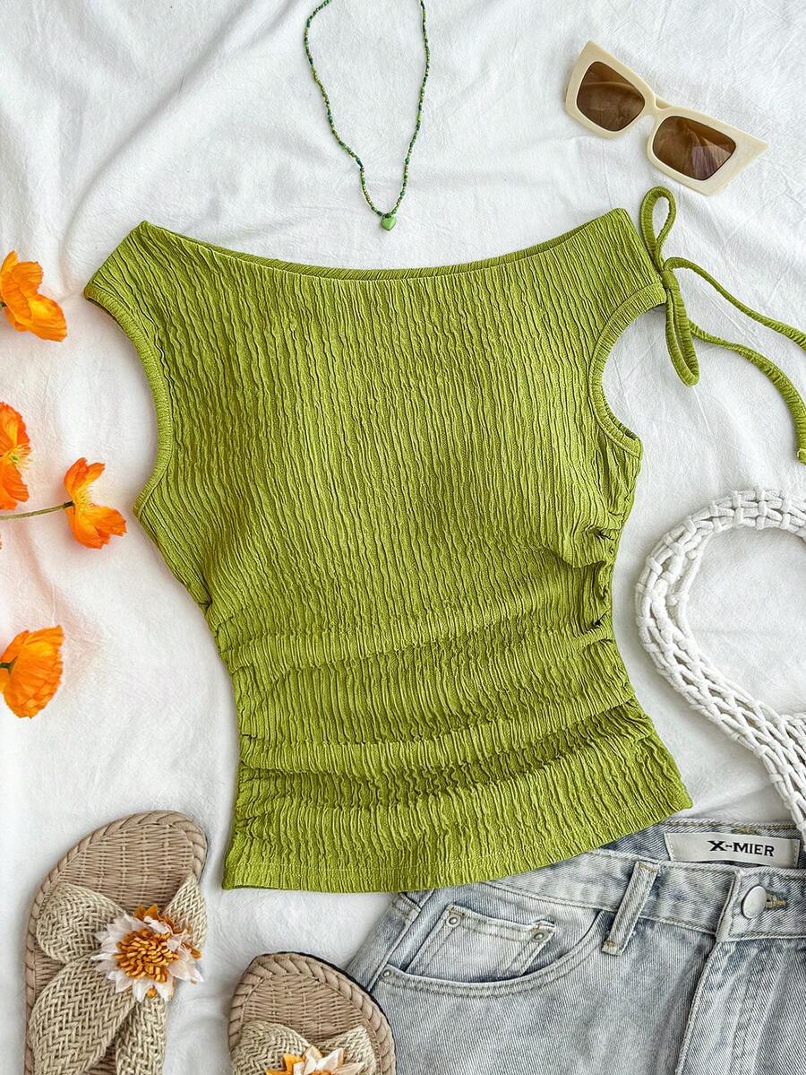 SHEIN Teen Girls' Knitted Olive Green Jacquard Asymmetric Shoulder Bow Decor Ruched T-Shirt,Cute Summer Vacation Holiday Ribbed Tube Top Camisole Set - Olive Green - View 1