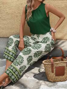 SHEIN Clasi 女士新款优雅无袖上衣和印花阔腿裤两件套，适合度假、日常穿着及多种场合。 - 彩色 - 查看 3