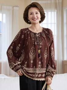 Vivie Lora Women's Bohemian Style Loose Long Sleeve Shirt - Burgundy - View 3