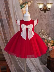 SHEIN Baby Girl Woven Bow Mesh Cap Sleeve Dress, Suitable For Christmas Party, Gatherings And Other Occasions - Multicolor - View 4