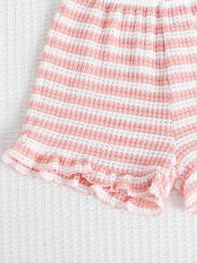 SHEIN Bộ áo thun cổ tròn in sọc và quần short cho bé gái, kiểu dáng thường ngày. - Nhiều màu - Xem 5