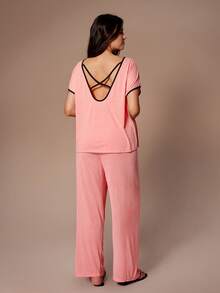 Lazeform Set de pijamale tricotate, casual, fără spate, minimalist, sexy, cu mânecă scurtă, mărime plus, poate fi purtat ca îmbrăcăminte exterioară - Roz - Vizualizare 2