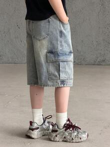 Dazy Kids 男童宽松牛仔短裤，带工装口袋 - 藍色 - 查看 6