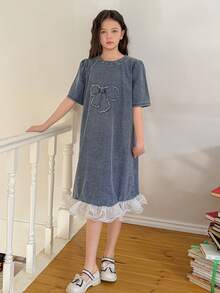 DAZY Tween Girls' Round Neck Bow Embroidered Petal Sleeve Top - Blue - View 3