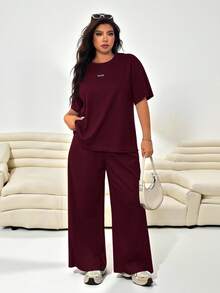 Solflare 酒红色纹理针织开衫上衣+宽松长裤休闲两件套，大码 - 酒紅色 - 查看 3