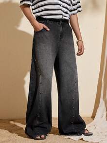 Felipe Marques Ekonfriends Quần jeans nam dáng rộng, rách rưới, đính đinh tán, thích hợp cho mùa xuân, hè, thu, đi biển và dạo phố. - Màu xám đen - Xem 5